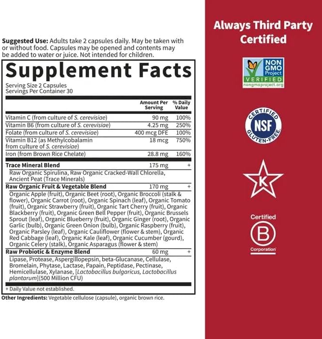 Garden of Life Vitamin Code Healthy Blood - Iron Supplement for Women, 60 Vegan Capsules, with Vitamins B, C, Trace Minerals, Fruit Veggies, Probiotics - for Energy and Anemia Support