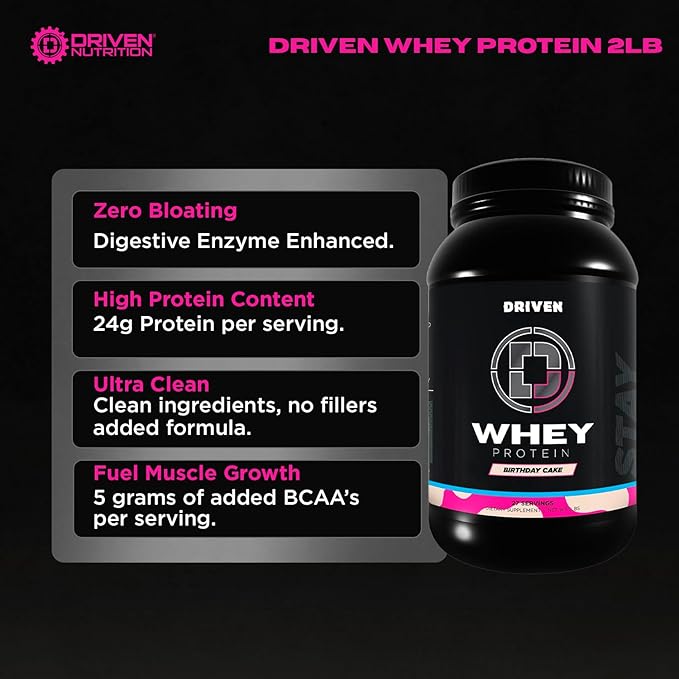 Driven WHEY- Whey Protein Powder: Delicious, Clean Protein Shake- Improve Muscle Recovery with 23 Grams of Protein with Added BCAA and Digestive Enzymes (2lb, Birthday Cake)