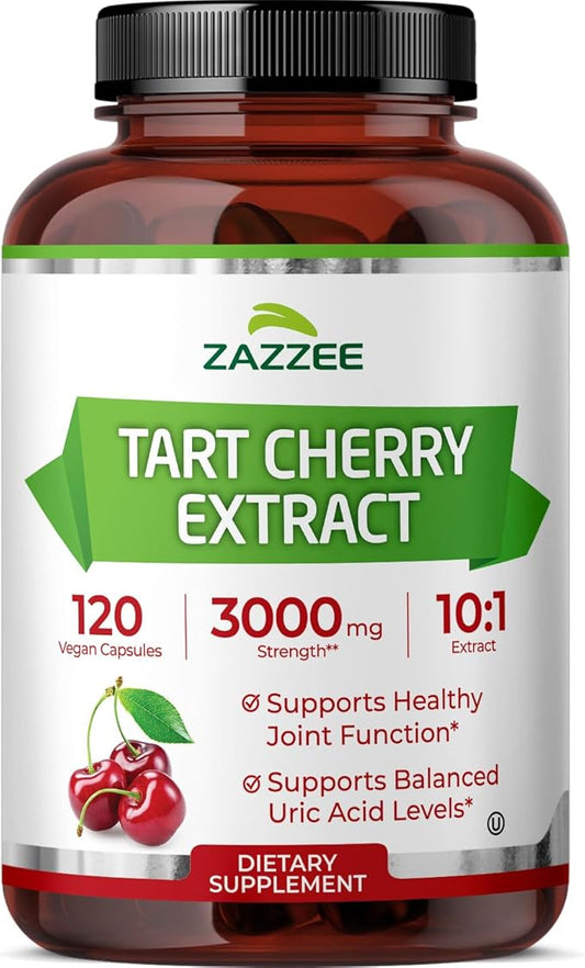Zazzee Tart Cherry 10:1 Extract, 3000 mg Strength, 120 Vegan Capsules, 4 Month Supply, Certified Kosher, Concentrated and Standardized 10X Extract, 100% Vegetarian, All-Natural, Gluten Free, Non-GMO