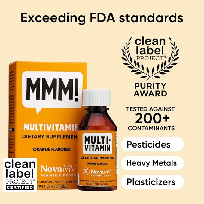 NovaFerrum MMM | Multivitamin for Kids, Infants and Toddlers | Vitamin C, D3, E | Gluten Free Certified | Sugar Free | No Artificial Colors | Ages 4 & Under | Orange Flavored | 2 Fl Oz (50 mL)