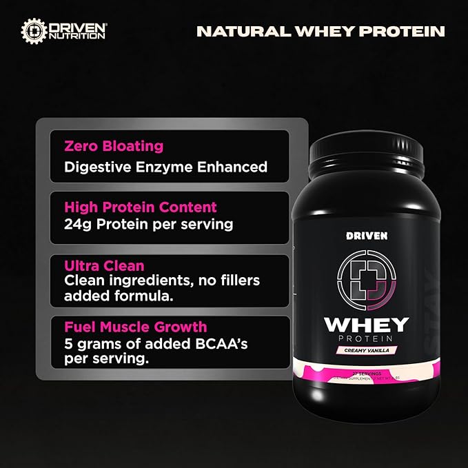Driven WHEY- Grass Fed Whey Protein Powder: Delicious, Clean Protein Shake- Improve Muscle Recovery with 23 Grams of Protein with Added BCAA and Digestive Enzymes (2 lb, Creamy Vanilla)