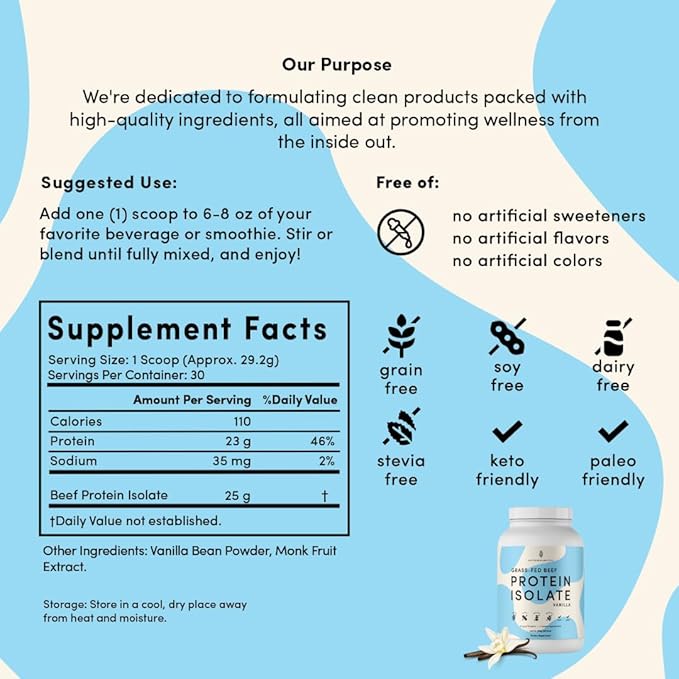 Grass Fed Beef Protein Powder Isolate - AutoimmuniTea, 23g of Paleo Carnivore Protein, Keto Friendly, Grain Free, No Dairy or Soy, No Whey, Stevia Free, Vanilla Flavor - 2lbs of Prime Muscle Building