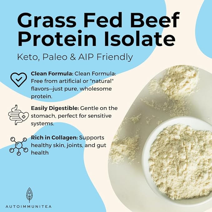 Grass Fed Beef Protein Powder Isolate - AutoimmuniTea, 23g of Paleo Carnivore Protein, Keto Friendly, Grain Free, No Dairy or Soy, No Whey, Stevia Free, Vanilla Flavor - 2lbs of Prime Muscle Building