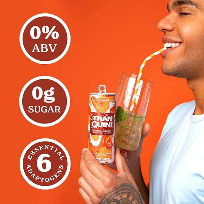 Tranquini Calming Drink With Herbal Adaptogens | Sparkling Water Stress Relief Beverage | Sugar Free, Non Alcoholic, Gluten Free, Vegan - 250ml Ginger Lemongrass (24 cans)