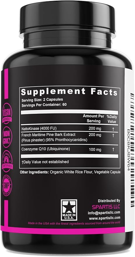 Nattokinase Supplement 4000 FU CoQ10 100mg French Maritime Pine Bark Extract 200mg with Enzymes for Circulatory & Cardiovascular Support (Pack of 1 at 120-Caps)