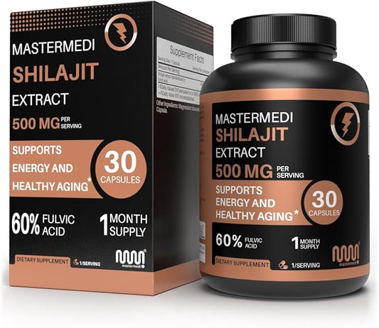 MasterMedi Shilajit 500mg – Pure Himalayan Extract Standardized to Fulvic Acid – Energy, Stamina & Vitality Support – 30 Vegan Capsules – Non-GMO, Gluten-Free, No Fillers, Made in India