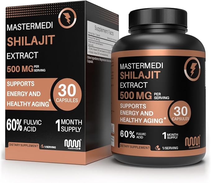 MasterMedi Shilajit 500mg – Pure Himalayan Extract Standardized to Fulvic Acid – Energy, Stamina & Vitality Support – 30 Vegan Capsules – Non-GMO, Gluten-Free, No Fillers, Made in India