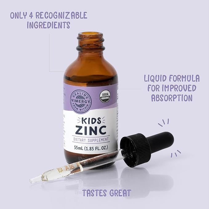 Vimergy Kids Organic Liquid Zinc Sulfate – For Children & Adolescence 1-18 Years Old, Fast-Absorbing Immune Support* – Promotes Healthy Bones, Hair & Skin. USDA Organic, Kosher, Vegan, Non-GMO – 55 mL