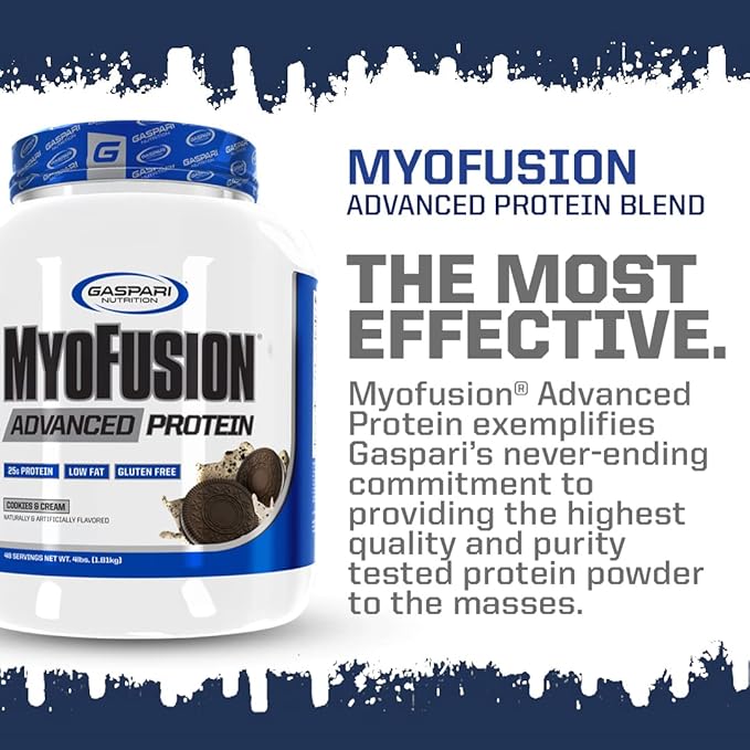 Gaspari Nutrition Myofusion Advanced Protein, Protein Blend with Whey Protein, Casein Protein and Isolate Protein, Low Fat and Gluten Free (Cookies and Cream, 4 Pound)