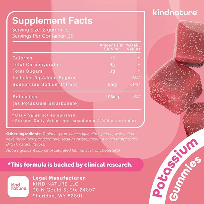 KINDNATURE High Potassium Supplement Gummies 500mg - Chewable for Adults & Kids - Pure Potassium Bicarbonate Mineral Supplement - Vegan, Gluten Free, Non GMO - 60 Gummies (30 Day Supply)