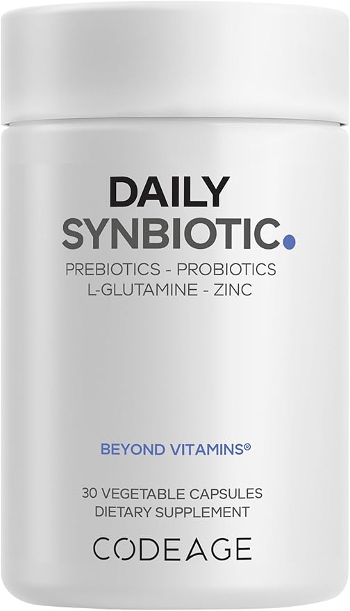 Codeage Daily Synbiotic Supplement - Prebiotics, Lactobacillus & Bifidobacterium Probiotics, L-Glutamine, Zinc L-Carnosine, DGL, Synbiotic Probiotic, BioPerine - Shelf-Stable - 30 Capsules
