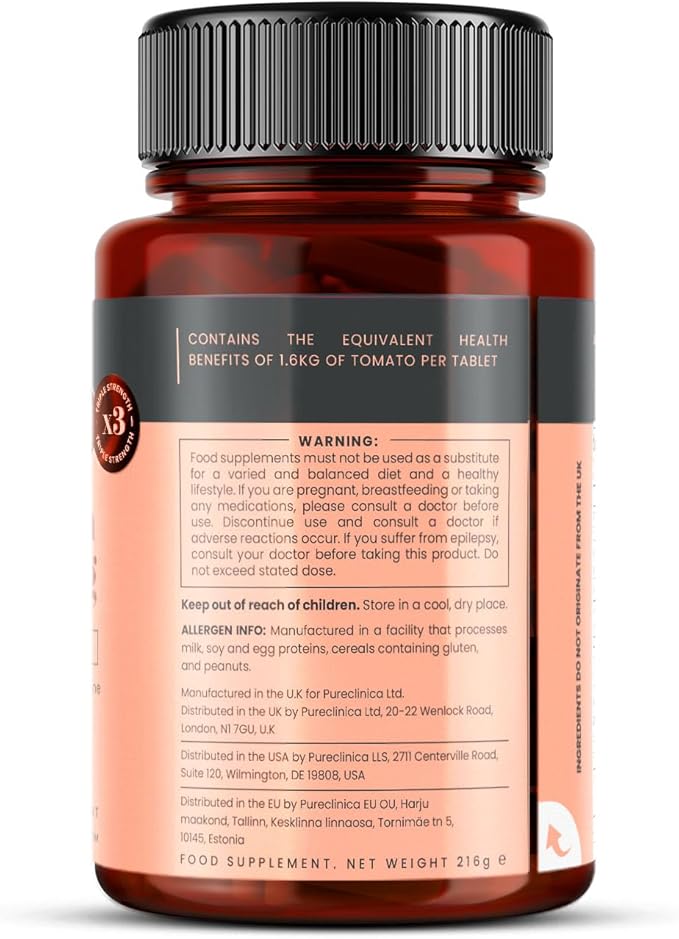 pureclinica 50mg Lycopene x 360 Tablets (2 Bottles of 180 Tablets Each - 12 Months Supply). Triple Strength Lycopene are 3 x Strength of Regular Tablets.