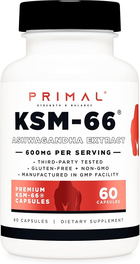 Primal KSM-66 Ashwagandha Complex (60 Capsules / 60 Servings, 600 mg Per Serving) - KSM-66 Ashwagandha with Black Pepper Extract, Gluten Free, Non-GMO