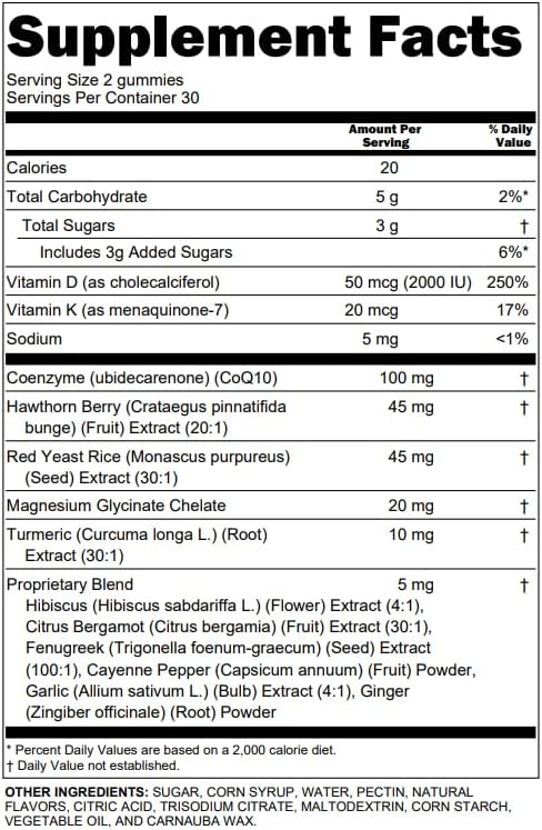 Clean Nutra CoQ10 Gummies Red Yeast Rice Hawthorn K2 Vitamin Supplement Magnesium Glycinate Turmeric Citrus Bergamot Hibiscus VIT D K Fenugreek Garlic Supplements Heart Support Gummy 60ct
