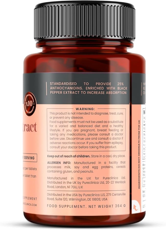 pureclinica Bilberry Extract 10,000mg x 1080 Tablets (6 Bottles of 180) - 10 X More anthocyanidins