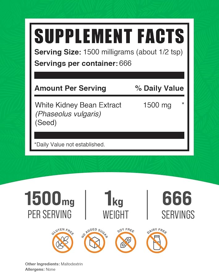 BulkSupplements.com White Kidney Bean Extract Powder - White Kidney Bean Powder - Herbal Supplement - Gluten Free, 1.5g per Serving, 1kg (2.2 lbs) (Pack of 1)
