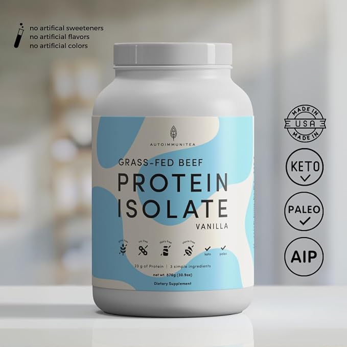Grass Fed Beef Protein Powder Isolate - AutoimmuniTea, 23g of Paleo Carnivore Protein, Keto Friendly, Grain Free, No Dairy or Soy, No Whey, Stevia Free, Vanilla Flavor - 2lbs of Prime Muscle Building