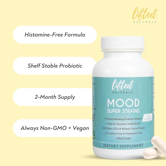 Probiotics - Mood Super Strains Probiotic - Naturally Supports Digestion & Mood - Histamine-Free Probiotics w/L Rhamnosus GG, Shelf Stable Probiotic Supplement, 60 Day Supply, Non-GMO, Vegan