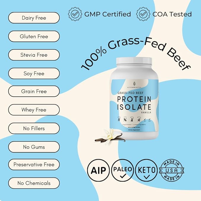 Grass Fed Beef Protein Powder Isolate - AutoimmuniTea, 23g of Paleo Carnivore Protein, Keto Friendly, Grain Free, No Dairy or Soy, No Whey, Stevia Free, Vanilla Flavor - 2lbs of Prime Muscle Building