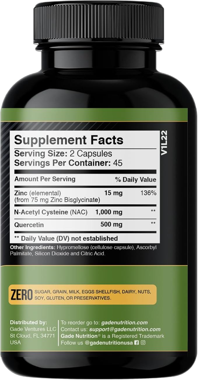 Gade Nutrition NAC Supplement n-Acetyl cysteine with Quercetin & Zinc | Immune Support Supplement with n Acetyl cysteine | Vegetable Capsules | USA Made