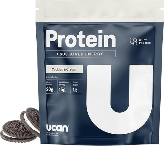 UCAN Energy + Whey Protein Powder - 19g Per Serving with Amino Acids EAAs & BCCAs - Keto, No Added Sugar, Gluten-Free - Cookies & Cream - 12 Servings