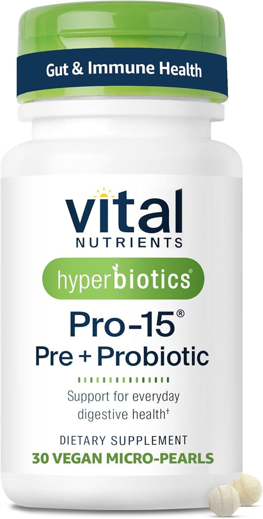 Hyperbiotics Vital Nutrients Pro-15 Prebiotics and Probiotics for Women and Men | 15 Science Backed Strains | Supports Occasional Constipation, Diarrhea, Gas & Bloating | 30 Vegan Time Release Pearls