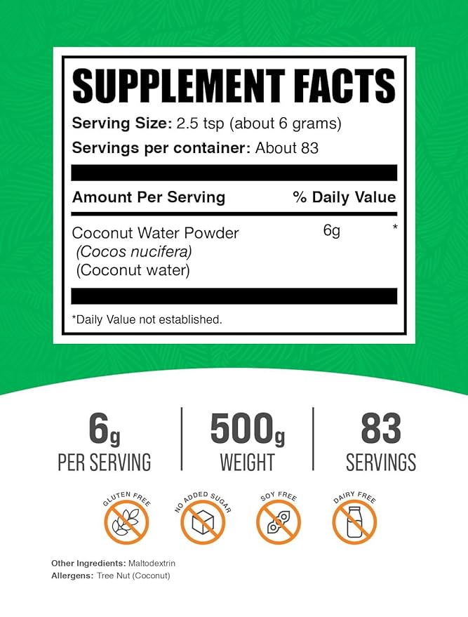 BulkSupplements.com Coconut Water Powder - Electrolyte Supplement, Water Flavoring & Enhancer - No Sugar Added & Gluten Free, 6g per Serving, 500g (1.1 lbs) (Pack of 1)