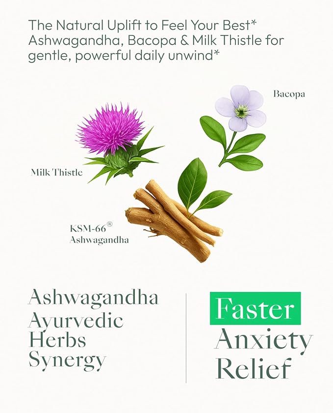 Ashwagandha Supplements for Women & Men - KSM-66® with Bacopa & Milk Thistle, 60 Vegan Capsules - Stress Relief, Mood, Cortisol Support, Extra Strength Ashwagandha Capsules