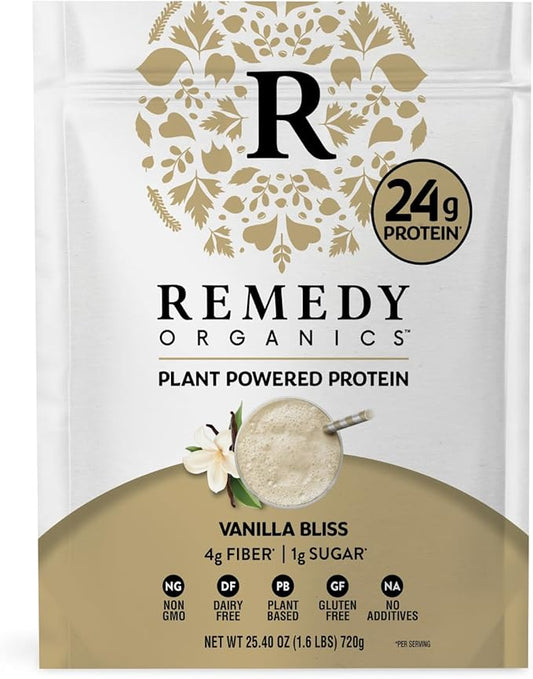 Remedy Organics Plant Based Protein Powder - Vanilla Bliss - 24g Non-GMO Protein, 4g Fiber, 1g Sugar, 21 Essential Vitamins & Minerals, Pre & Post Workout, No Seed Oils, Dairy-Free, Gluten-Free