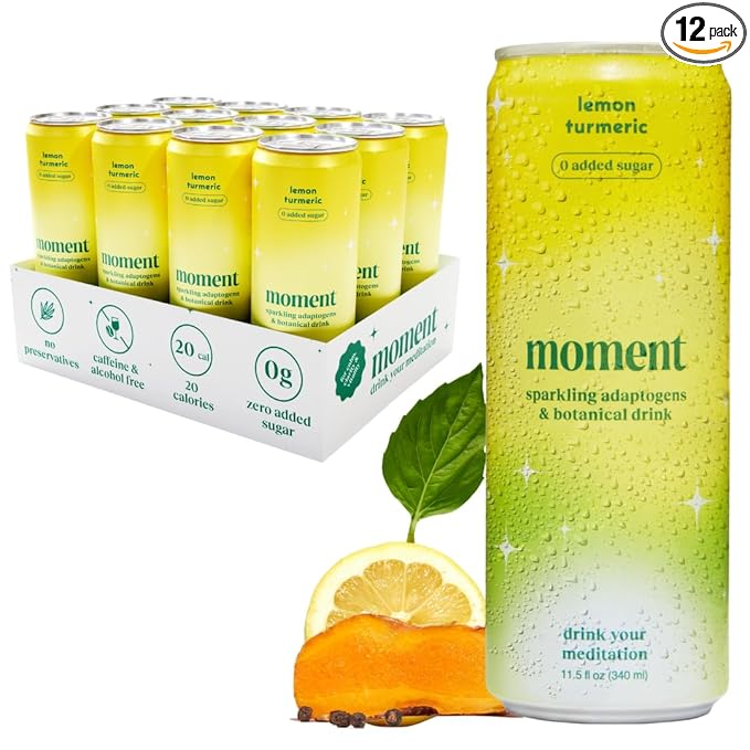 Moment Botanical Soda Soft Drink (Shark Tank) - SPARKLING Non Alcoholic Drinks | Lemon Turmeric | | L-Theanine & Ashwagandha for Calm & Clarity | 0 Added Sugar 0 Caffeine | 12-pack