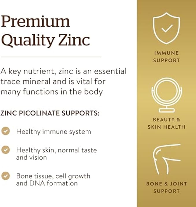 Solgar Zinc Picolinate 22 mg, 100 Tablets - Promotes Healthy Skin - Supports Immune System, Normal Taste & Vision - Antioxidant – Non-GMO, Vegan, Gluten Free, Kosher - 100 Servings