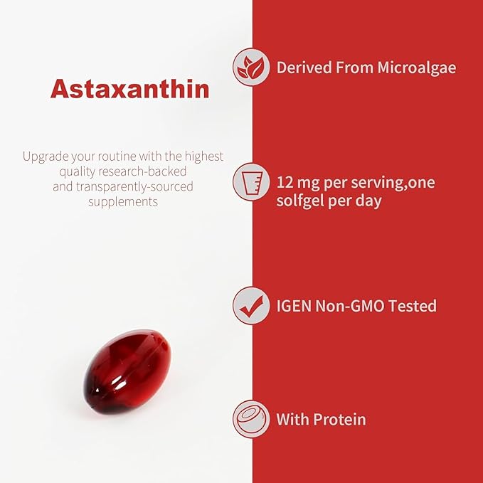 Premium Astaxanthin Supplements 12mg， Softgels 120 Servings, Supports Immune, Skin, Eye & Joint Health-Non-GMO, Gluten-Free, Microalgae Extract Supplement