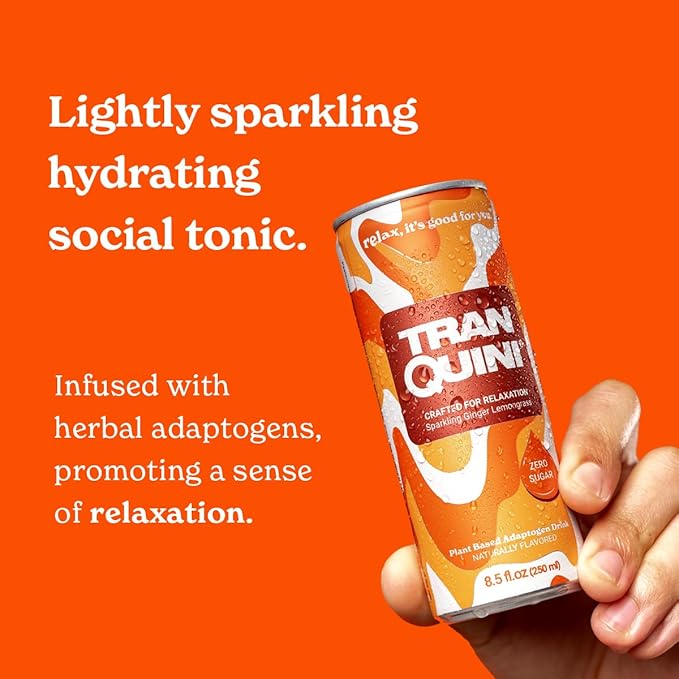 Tranquini Calming Drink With Herbal Adaptogens | Sparkling Water Stress Relief Beverage | Sugar Free, Non Alcoholic, Gluten Free, Vegan - 250ml Ginger Lemongrass (6 cans)