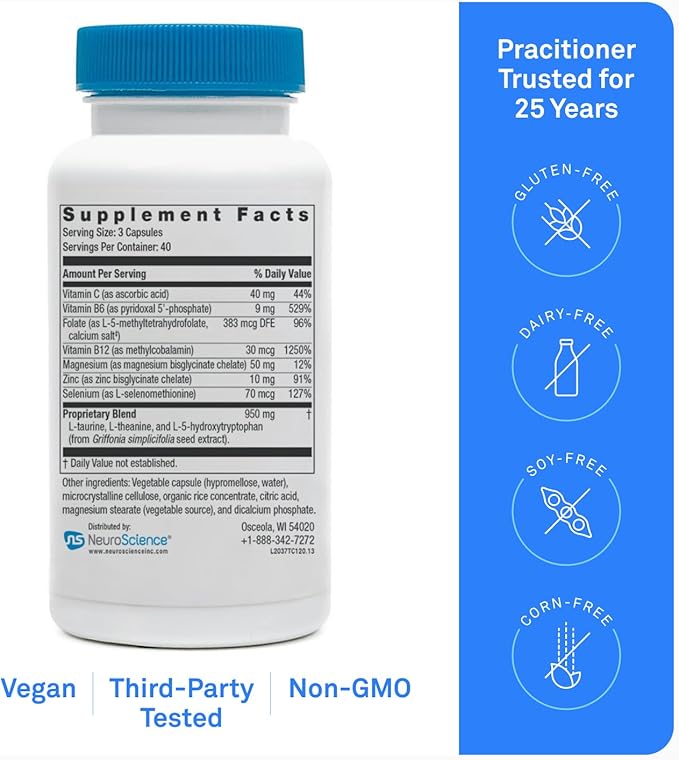 NeuroScience Mood Support Supplement - TravaCor - L Theanine Supplement with 5-HTP & More to Help Soothe Stress, Encourage Calm Sleep & Aid Healthy GABA Activity (120 Capsules)