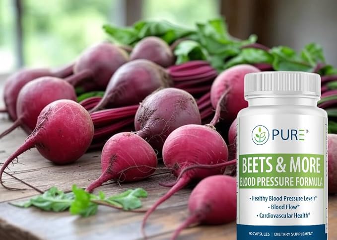 PURE Beets Plus, Premium Beet Root Powder, L-Arginine, Pomegranate, 90 Vegetarian Capsules, 30-Day Supply, Wellness Supplement