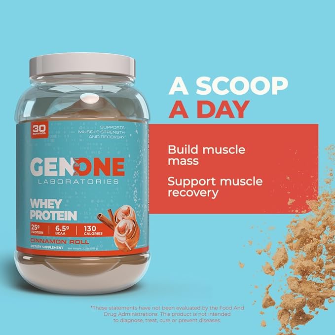 GenOne Whey Protein Powder Isolate, 25g Protein and 6.5g BCAAs per Serving, Cinnamon Roll, Low Carb, Fast Digesting, 30 Servings, 2.25 LB