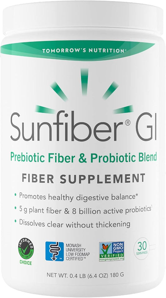 Tomorrow's Nutrition Sunfiber GI, Prebiotic Fiber & Probiotics, 5g Prebiotic Fiber & 8 Billion Probiotics Per Serving, Low FODMAP, 30-Day Supply, 30 Day
