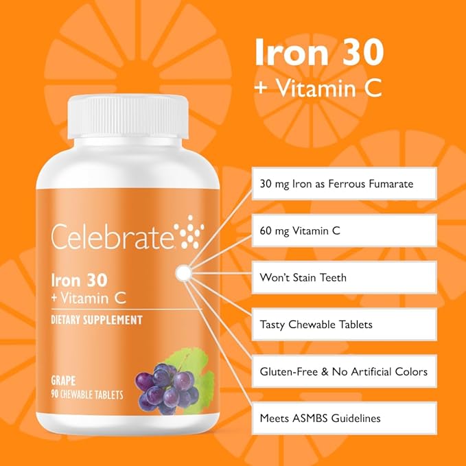 Celebrate Vitamins Iron Supplement with Vitamin C - 30mg Iron, 60mg Vitamin C, Bariatric Vitamins for WLS Patients, Vertical Sleeve & Gastric Bypass Surgery – Grape, 90 Chewable Tablets