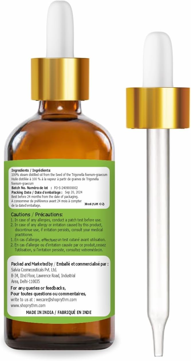 Fenugreek (Trigonella foenum) Essential Oil 100% Pure & Natural Undiluted Uncut Oil - Use for Aromatherapy - Therapeutic Grade - 100 ML with Dropper