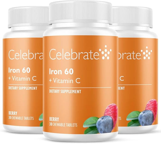 Celebrate Vitamins Iron Supplement with 60mg Iron & Vitamin C – Berry Chewables for Bariatric Patients, Gastric Bypass & Sleeve Gastrectomy Support – 30 Tablets for Post-Surgery Health Maintenance