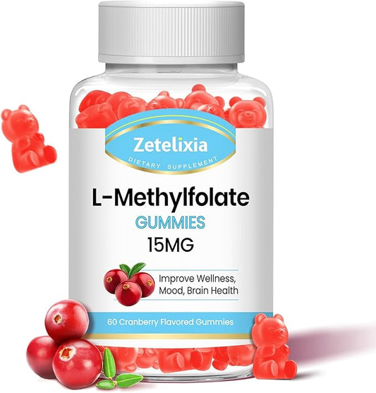 L-Methylfolate 15mg & Methyl B12 Gummies, Folate Supplement for Brain Health, Mood & Immunity, DNA Synthesis & Repair, Sugar Free, Vegan, Cranberry Flavor, 60 Count