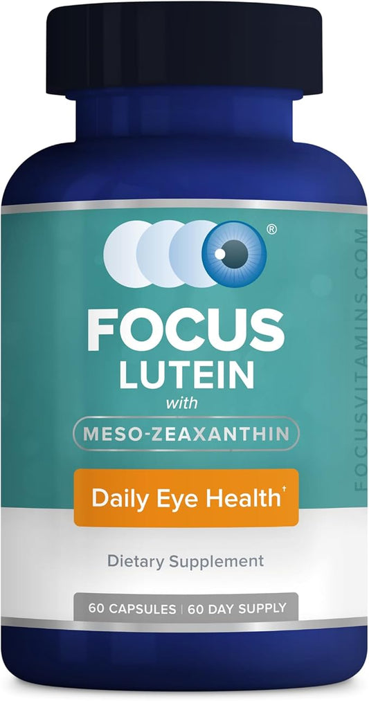 Focus Lutein for Eyes with Meso-Zeaxanthin, Eye Vitamin Supplement, 60 Count, 60 Day Supply, Daily Vision Support for Digital Screens, Bright Lights, Sunlight, Vegan and Sugar-Free, Made in USA