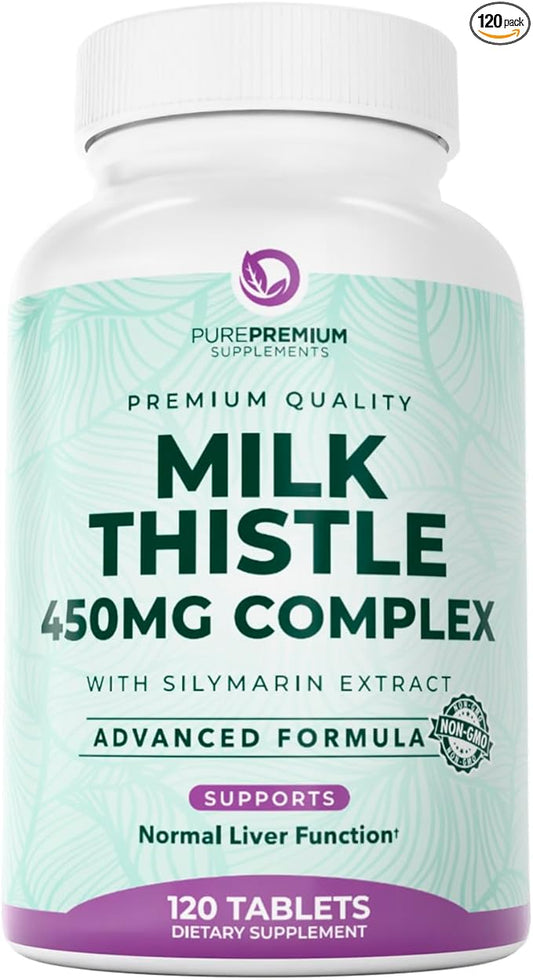 PurePremium Milk Thistle Supplement, 120 Tablets, 80% Silymarin Standardized Extract - High Potency Pure 450mg Complex – Supports Normal Liver Function & Overall Health – Non-GMO, Gluten-Free