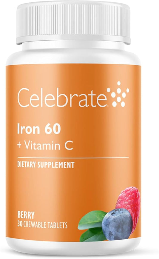 Celebrate Vitamins Iron Supplement with 60mg Iron & Vitamin C – Berry Chewables for Bariatric Patients, Gastric Bypass & Sleeve Gastrectomy Support – 30 Tablets for Post-Surgery Health Maintenance