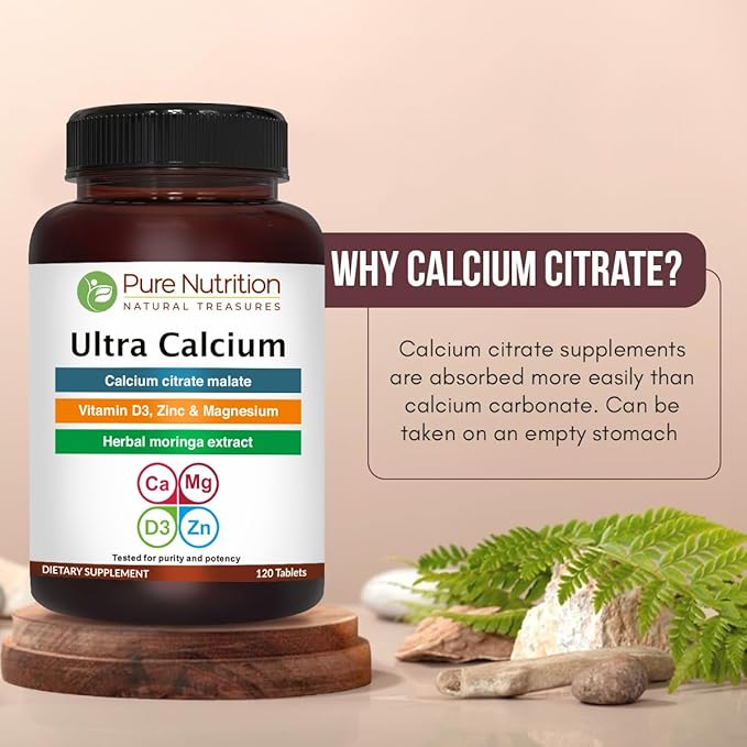 Pure Nutrition Ultra Calcium 1000mg with VIT D3 + K2 | 240 Tabs (120 X Pack of 2) | Highly absorbable Calcium Supplement with Calcium Citrate Malate, VIT D3, K2, Moringa Oleifera, Magnesium and Zinc.