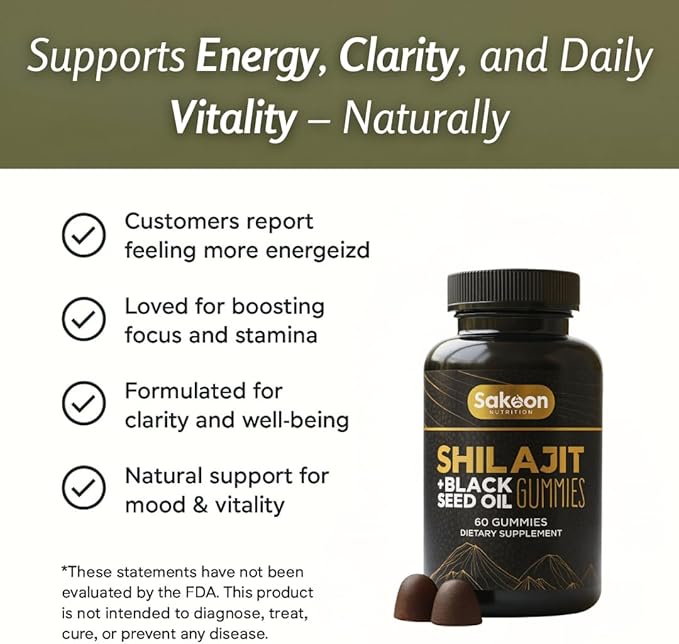 Pure Shilajit Gummies for Men & Women, Shilajit with Black Seed Oil, High Potency Pure Himalayan Resin for Energy, Immune Support, and Cognitive Function, Lab Tested Chewables