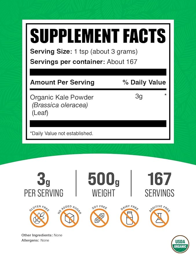 BulkSupplements.com Organic Kale Powder - Greens Powder, Superfood Supplement - Vegan & Gluten Free, 3g per Serving, 500g (1.1 lbs) (Pack of 1)