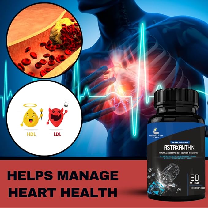 Research Labs Triple Strength Natural Astaxanthin 12mg Softgels + Extra Bottle Organic Coconut Oil for Enhanced Absorption Powerful Antioxidant Supports Eye Joint & Heart Health 120 Total Softgels