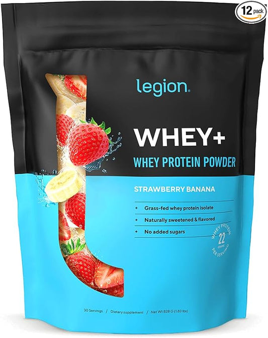 LEGION Whey+ Strawberry Banana Whey Isolate Protein Powder from Grass Fed Cows, Low Carb, Low Calorie, Non-GMO, Lactose Free, Gluten Free, Sugar Free, All Natural Whey (30 Serving Strawberry Banana)