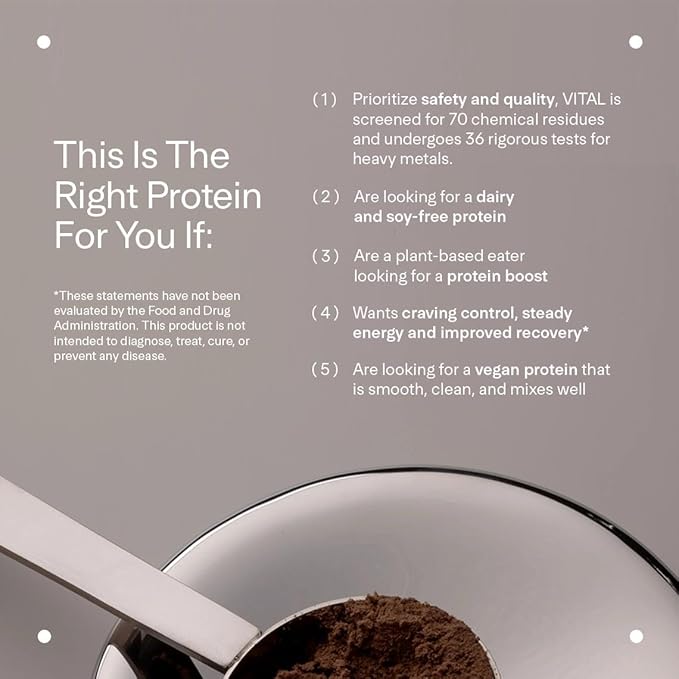 VITAL Vegan Protein - Trusted by Life Time fitness Members - Plant-Based Protein Powder - Made from Pea Protein - Supports a Healthy Immune System - Gluten Free & Soy Free - Chocolate, 30 Servings